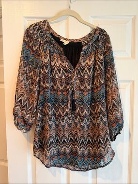 Meadow Rue Multicolor Chevron-Print Peasant Blouse with Tassel Tie